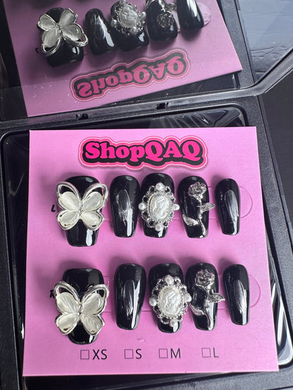 2024 Latest Collection | Handcrafted Press-On Nails – Crystal Butterfly, Rose Flower, Mid-Length with Sparkling Gems False Nails from SHOPQAQ