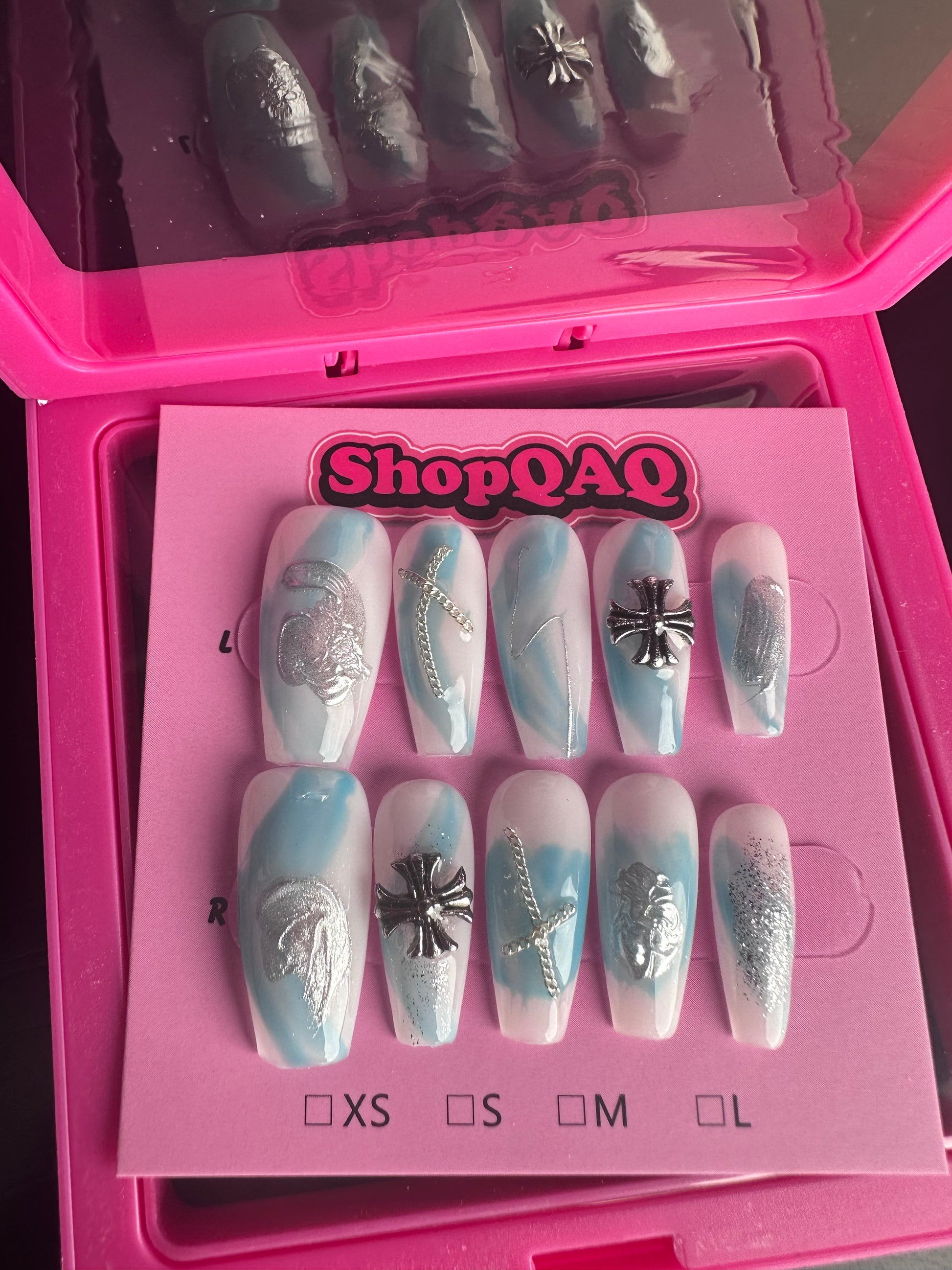 Luxurious Cool-Toned Blue French Hollow Press-On Nails False Nails from SHOPQAQ