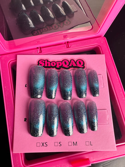 Night Sky Cat Eye Sapphire Press-On Nails - Dynamic Blue Gradient French Manicure with Crystals False Nails from SHOPQAQ