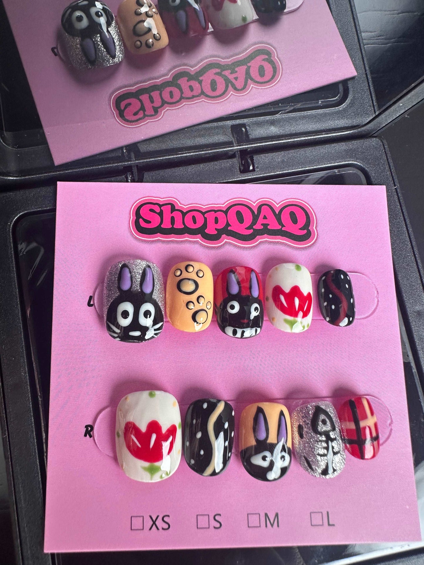 Cute Bunny Black Press-On Nails – Hand-Painted Cartoon Design False Nails from SHOPQAQ