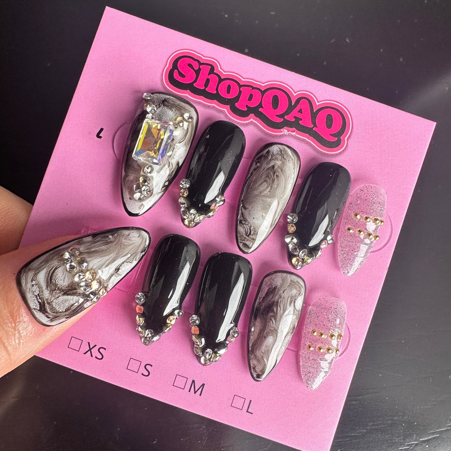 Dark Ombre Diva Handcrafted Press-On Nails - Black Ombre, Edgy Cool-Girl Style, Almond Shaped, Handmade & Ready-to-Wear False Nails from SHOPQAQ