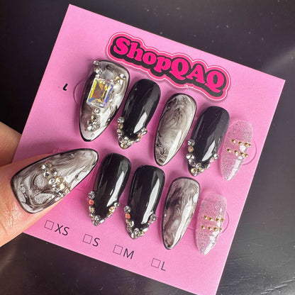 Dark Ombre Diva Handcrafted Press-On Nails - Black Ombre, Edgy Cool-Girl Style, Almond Shaped, Handmade & Ready-to-Wear False Nails from SHOPQAQ