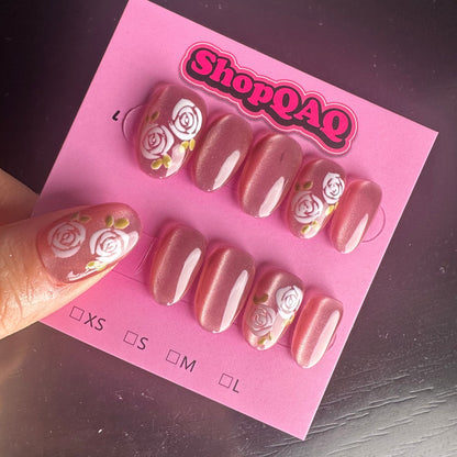 Spring Rose" Hand-Painted Cat Eye Press-On Nails | False Nails | False Nails, Handmade False Nails, press on nails | SHOPQAQ