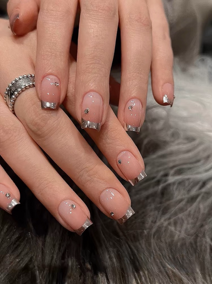 Minimalist Silver Edged French Manicure | False Nails | diamond nails, DIY nails, easy to apply nails, elegant nails, fake nails, False Nails, fashion nails, Handmade fake nails, Handmade False Nails, handmadefalsenails, High-Grade False Nails, long-lasting nails, luxury false nails, luxurynails, nails, Party nails., press on nails, special occasion nails, Unique False Nails, wedding nails, White False Nails | SHOPQAQ