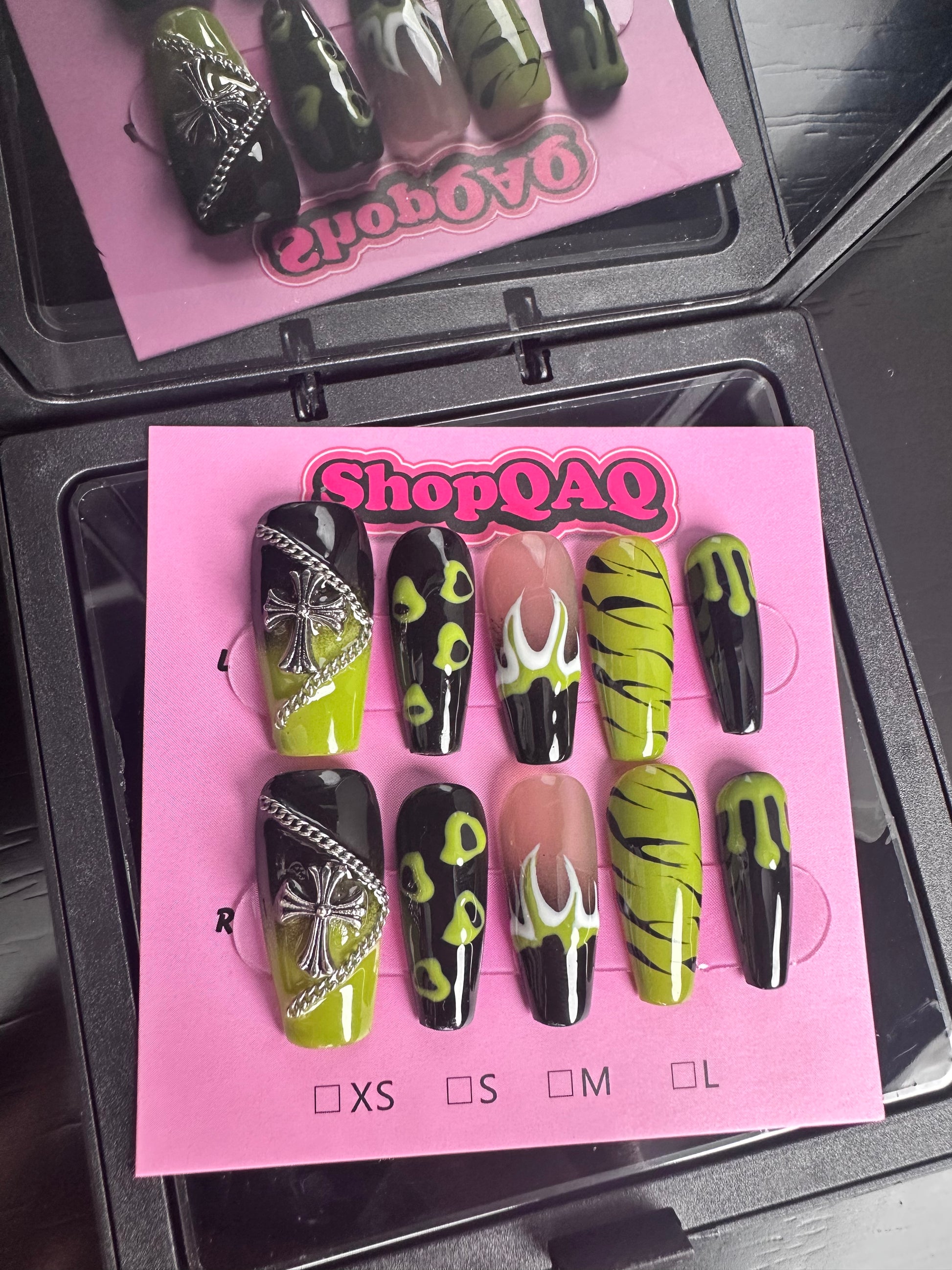 Green Flame" Handcrafted Press-On Nails – Forest Elf Green, Brightening Hand-Painted Design False Nails from SHOPQAQ