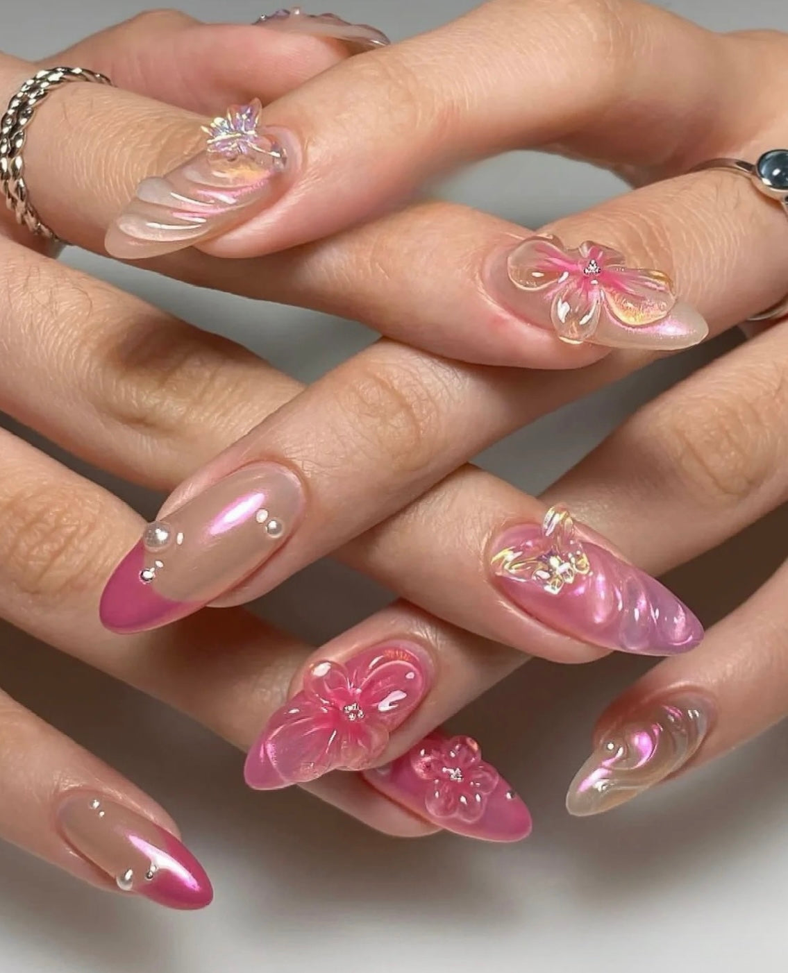 Pink Aurora Crystal 3D Flower Nails False Nails from SHOPQAQ