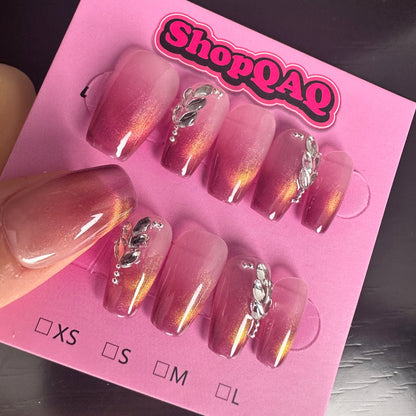 Peach Gradient Press-On Nails – Pure Desire, Sweet Peach, and Cat Eye Effect | False Nails | False Nails, Handmade False Nails, press on nails | SHOPQAQ