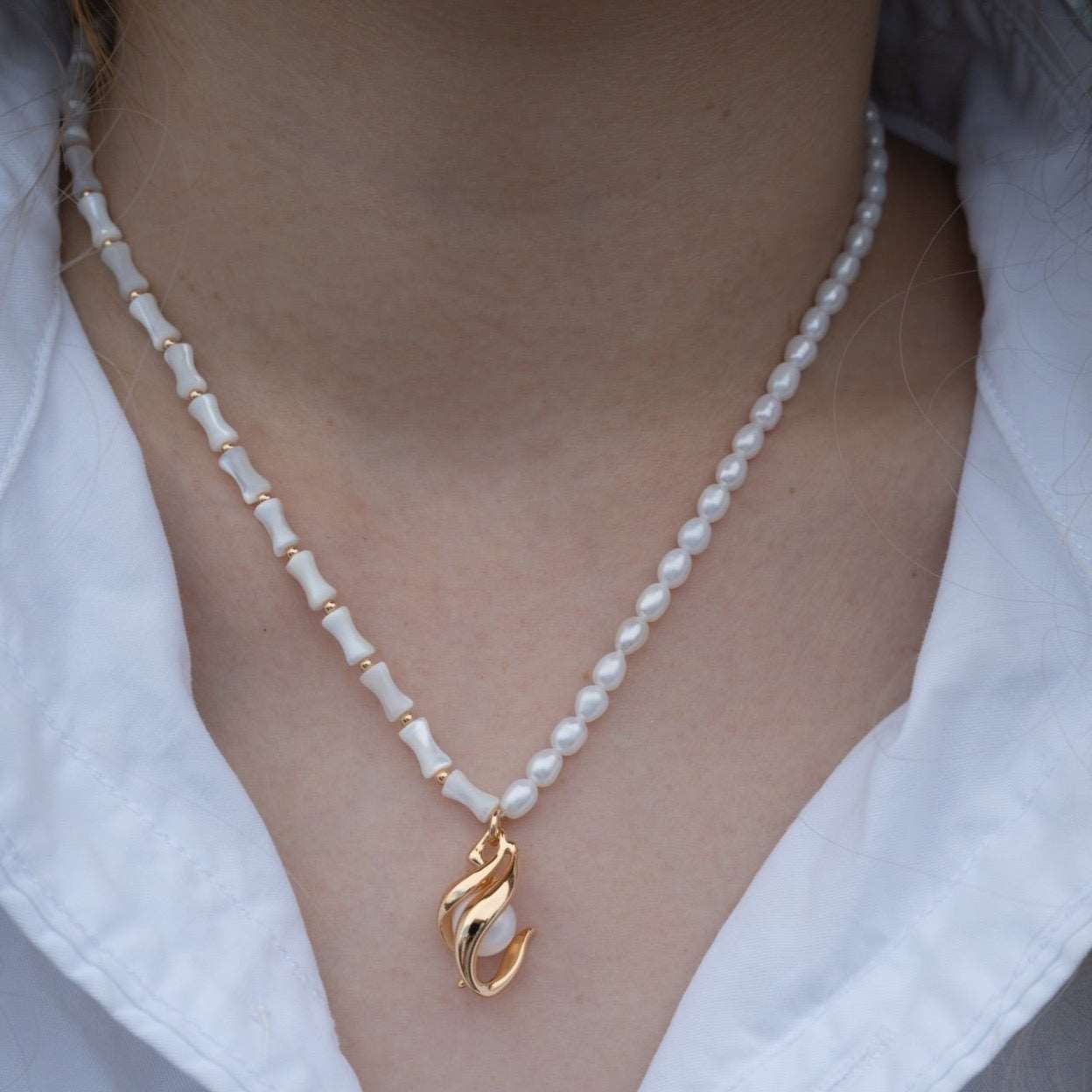 Bamboo-Infused Natural Pearl Necklace: A Perfect Blend of Elegance necklaces from SHOPQAQ