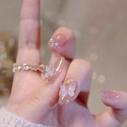 White Pink Butterfly False Nails from SHOPQAQ