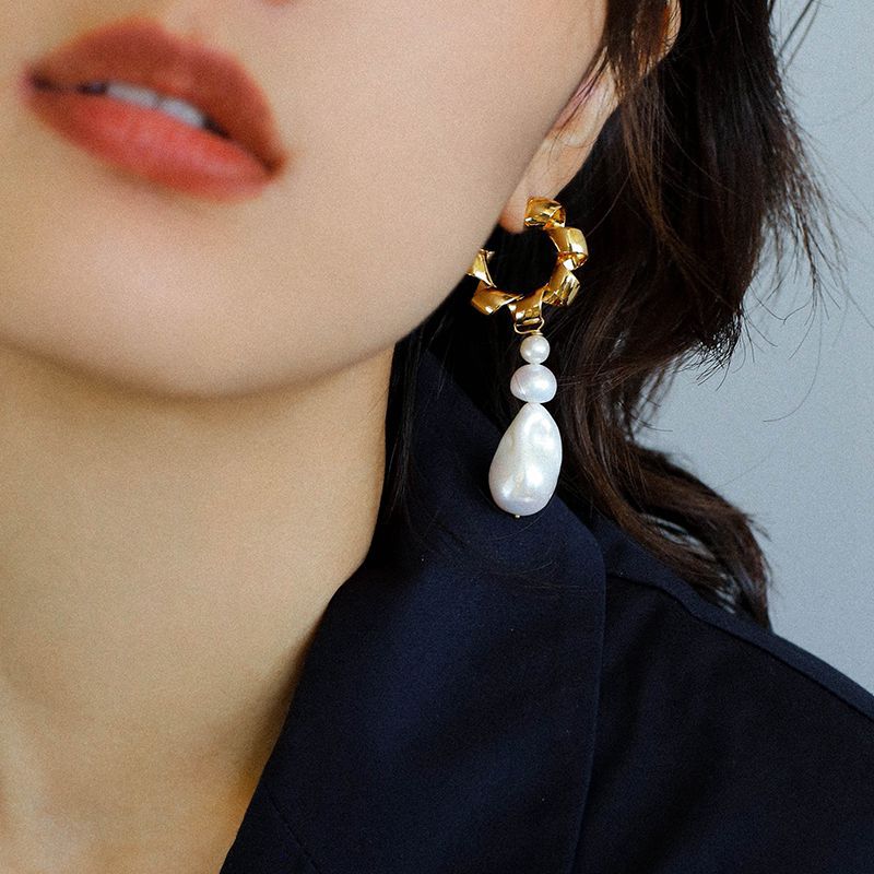 Irregular Geometric Baroque Pearl Long Earrings | earrings | 18K gold plated, 9new, _badge_new, Baroque Pearl, Earrings, freshwater pearl, Long Earrings, natural baroque pearl, natural stone, Pearl, Pearl Earrings | SHOPQAQ