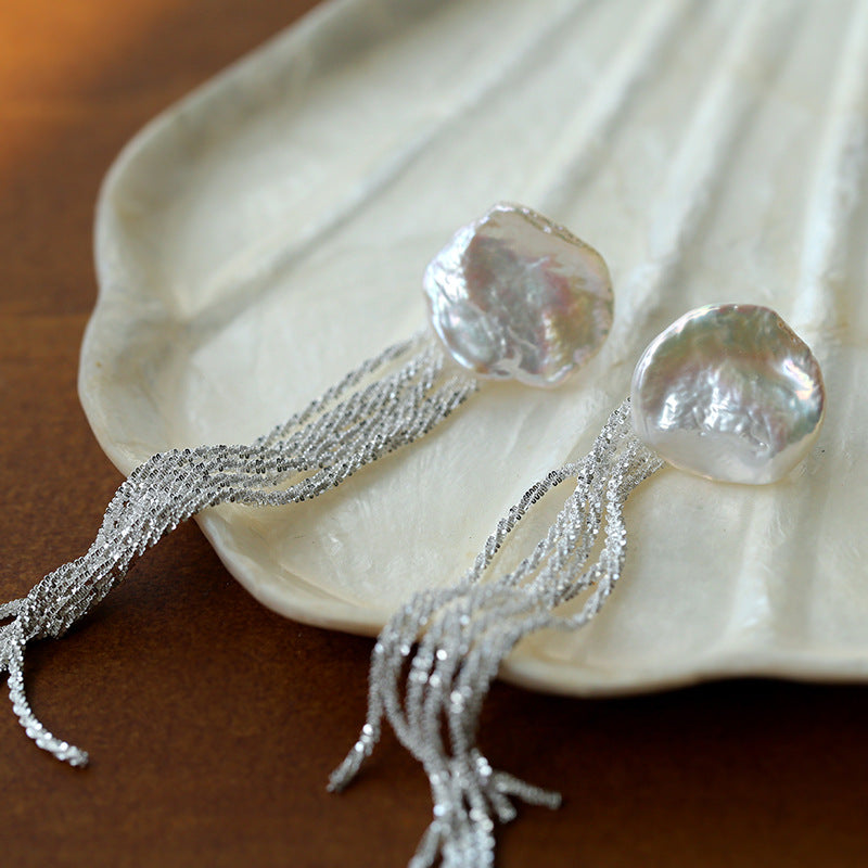 Anemone Chain Tassel Petal Pearl Earrings | earrings | 925, 925 Earrings, 9new, _badge_new, Baroque Pearl, Earrings, pearl, Pearl Earrings, Silver Plated | SHOPQAQ