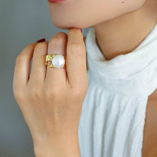 Button Baroque Freshwater Pearl Ring | Rings | 18k, 18K gold plated, 18k gold plated ring, 18kgoldplatedring, 9new, _badge_new, baroque, baroque pearl, baroque pearl ring, baroque ring, Earrings, natural baroque pearl, Pearl Ring, Ring, rings | SHOPQAQ
