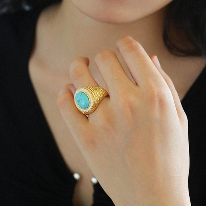 French Exotic Elegance: Blue-White Enamel Natural Stone Ring | Rings | 18k gold plated, 8new, _badge_new, Enamel, enamel glaze, ring, Vintage, vintage ring | SHOPQAQ