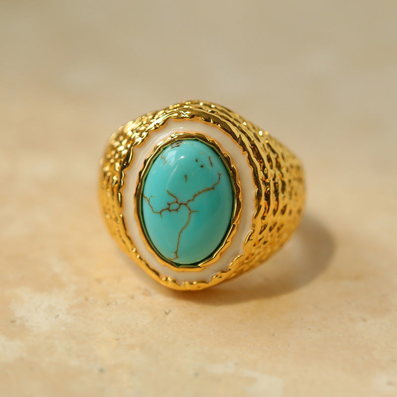 French Exotic Elegance: Blue-White Enamel Natural Stone Ring | Rings | 18k gold plated, 8new, _badge_new, Enamel, enamel glaze, ring, Vintage, vintage ring | SHOPQAQ