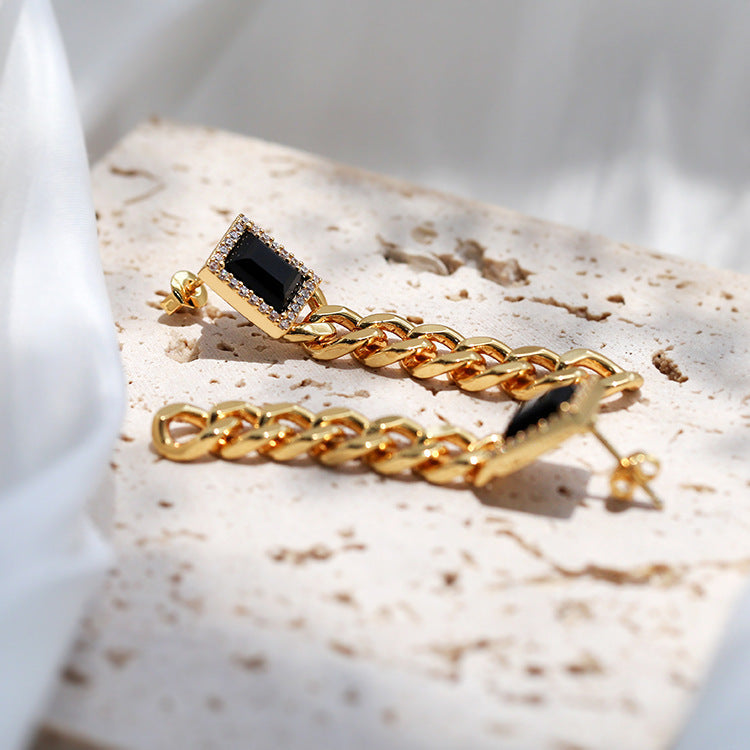 Black Square Zircon Chain Earrings | earrings | 18k gold plated, earrings, gold earrings | SHOPQAQ