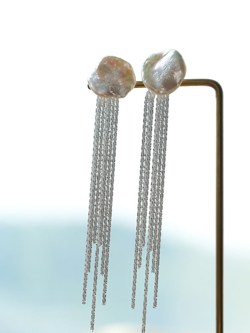 Anemone Chain Tassel Petal Pearl Earrings | earrings | 925, 925 Earrings, 9new, _badge_new, Baroque Pearl, Earrings, pearl, Pearl Earrings, Silver Plated | SHOPQAQ