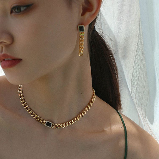 Black Square Zircon Chain Earrings | earrings | 18k gold plated, earrings, gold earrings | SHOPQAQ