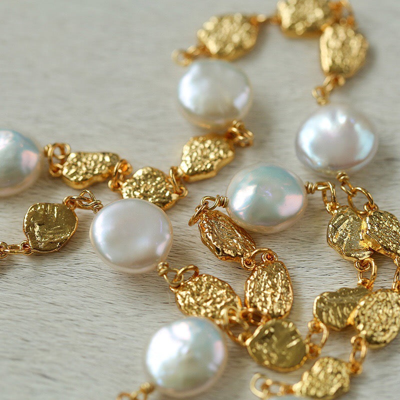 Gold Coin Lava Button Baroque Pearl Necklace necklaces from SHOPQAQ