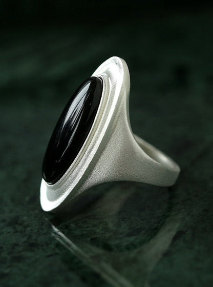 925 Sterling Silver Matte Black Agate and Gray Jade Oval Ring | Rings | 7new, 925ring, _badge_New, _badge_S925, natural stone, Ring, s925 | SHOPQAQ