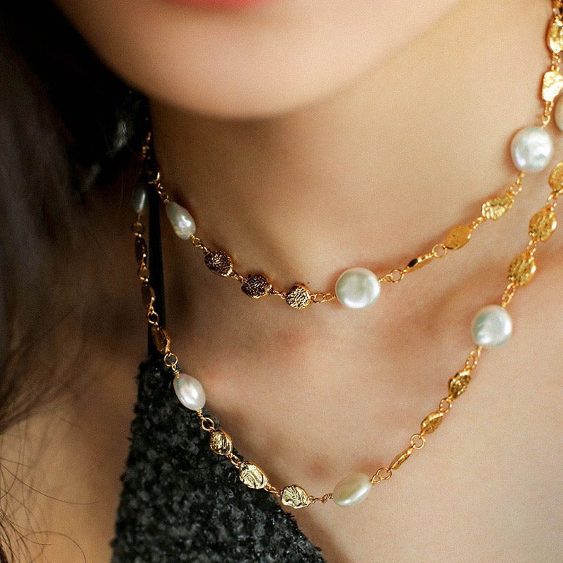 Gold Coin Lava Button Baroque Pearl Necklace necklaces from SHOPQAQ