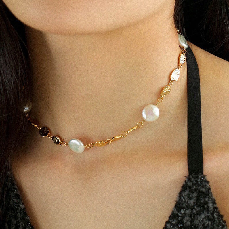 Gold Coin Lava Button Baroque Pearl Necklace necklaces from SHOPQAQ