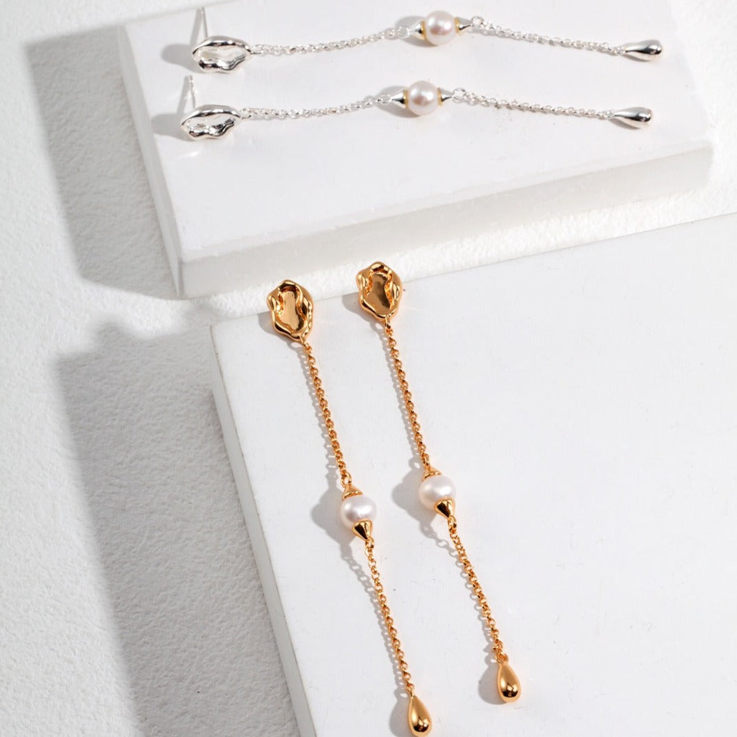 Chain Pearl Long Earrings | earrings | 925earrings, _badge_S925, earrings, Gold Earrings, natural pearl, Pearl, Pearl Earrings, s925, simsmore | SHOPQAQ